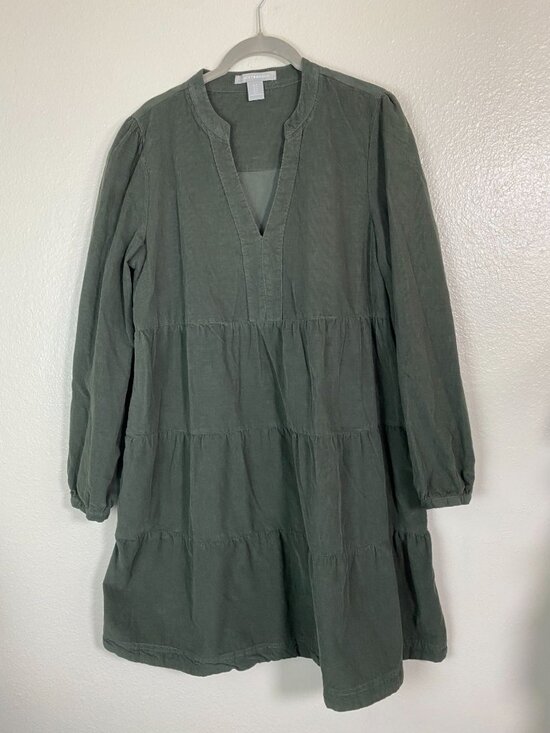 Lucky Brand Green Corduroy Tiered Long Sleeve Dress Women's Size Medium Solid - Picture 1 of 16